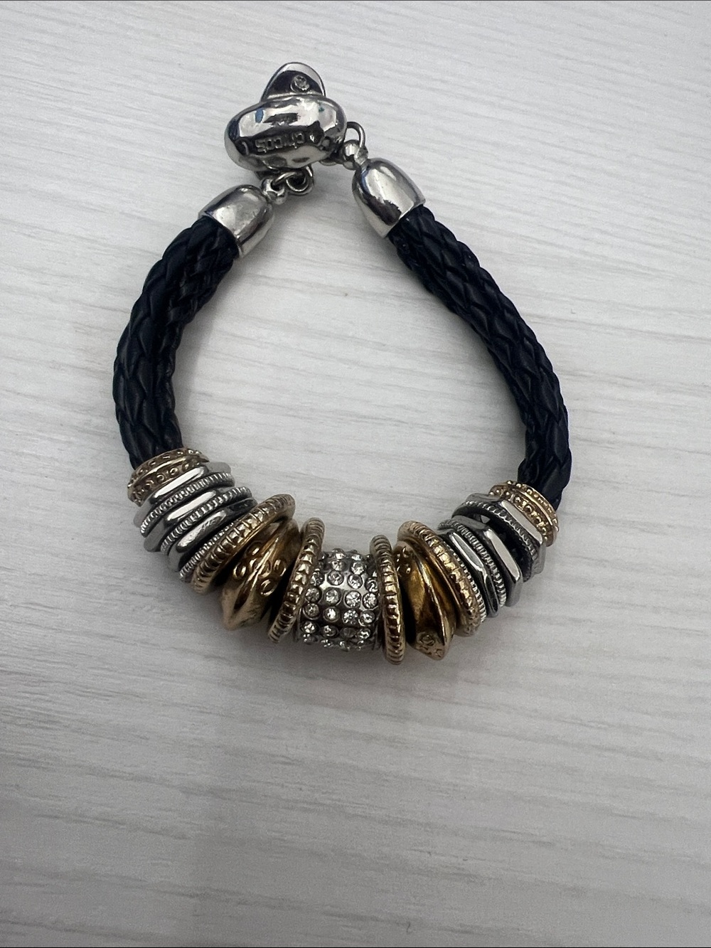 Chico's Black Braided Bracelet with Gold & Silver Accent Beads